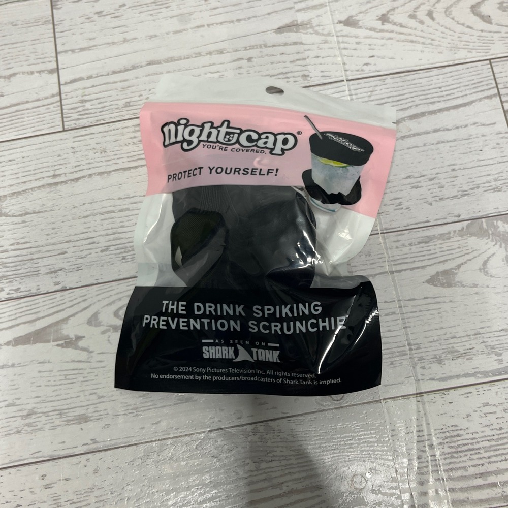 Nightcap The Drink Spiking Prevention Scrunchie Shark Tank Black Drink Cover NIP